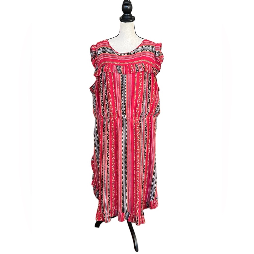 Loft Plus Dress Size 26 Red Ruffle Floral Print Midi Lined Elastic Waist